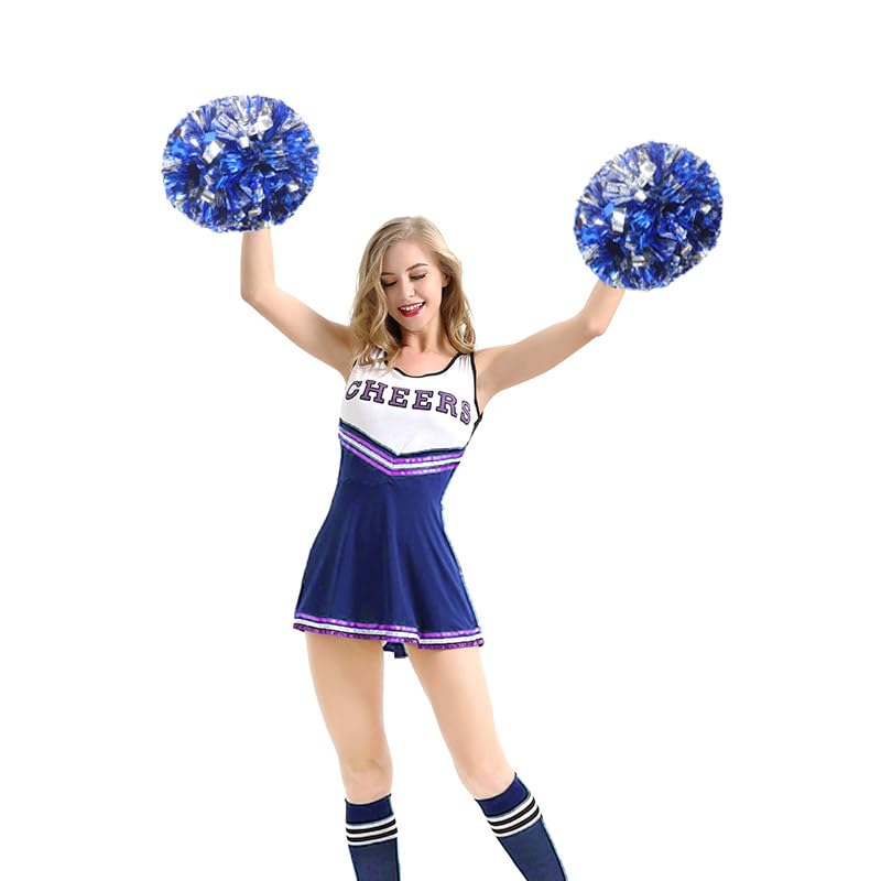 Hooshing 2 Pack Pom Poms Cheerleading Blue and Silver Pompoms with Baton Handle for Team Sports Spirit Dance Cheering - Image 3
